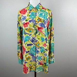 Danielle Martin Blouse Tunic Top 6 Silk Sheer Floral Colorful Button Up‎